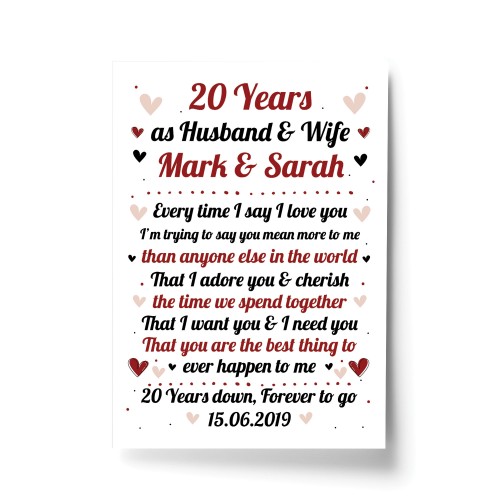 20th Wedding Anniversary Gift For Husband or Wife Print Keepsake