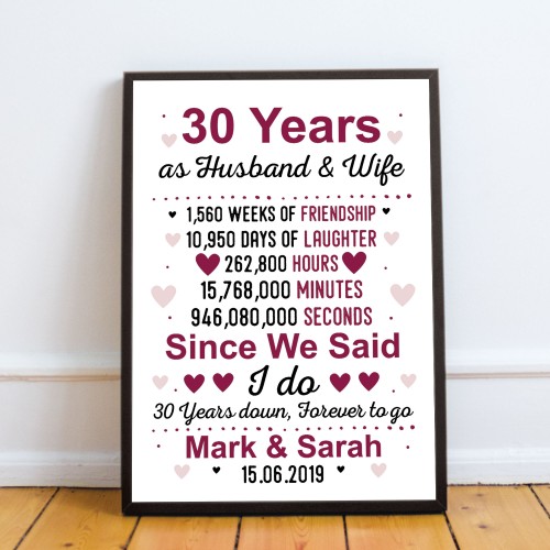 30th Anniversary Gift Personalised Framed Print 30th Anniversary