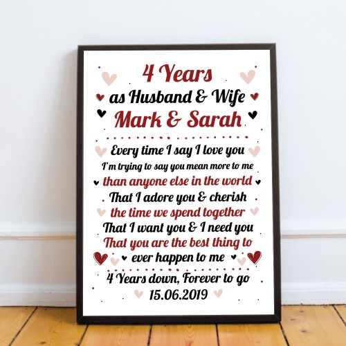 4th Wedding Anniversary Gift For Husband or Wife Framed Print