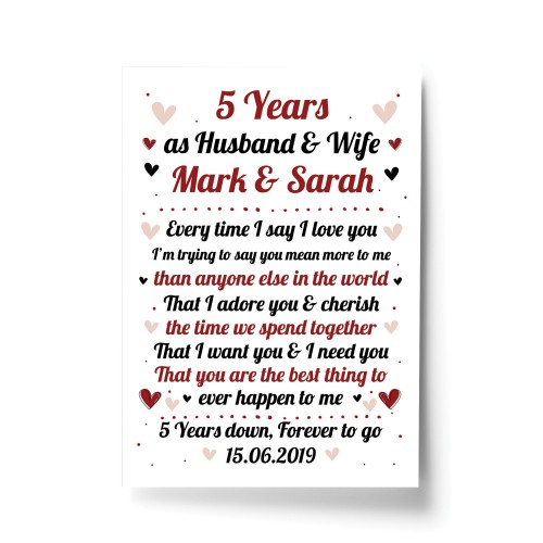 5th Wedding Anniversary Gift For Husband or Wife Print Keepsake