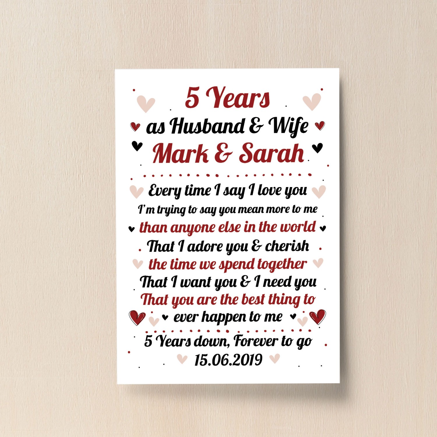 5th Wedding Anniversary Gift For Husband or Wife Print Keepsake