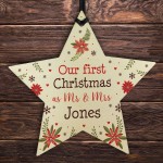 First Christmas as Mr and Mrs Tree Bauble Personalised Wood Star