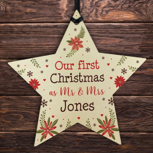 First Christmas as Mr and Mrs Tree Bauble Personalised Wood Star