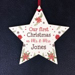 First Christmas as Mr and Mrs Tree Bauble Personalised Wood Star