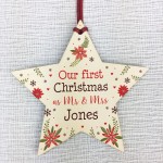 First Christmas as Mr and Mrs Tree Bauble Personalised Wood Star