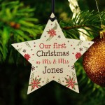 First Christmas as Mr and Mrs Tree Bauble Personalised Wood Star