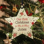 First Christmas as Mr and Mrs Tree Bauble Personalised Wood Star