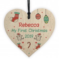 Personalised Babys 1st Christmas Bauble Tree Decor Wood Heart