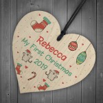 Personalised Babys 1st Christmas Bauble Tree Decor Wood Heart