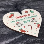 Personalised Babys 1st Christmas Bauble Tree Decor Wood Heart