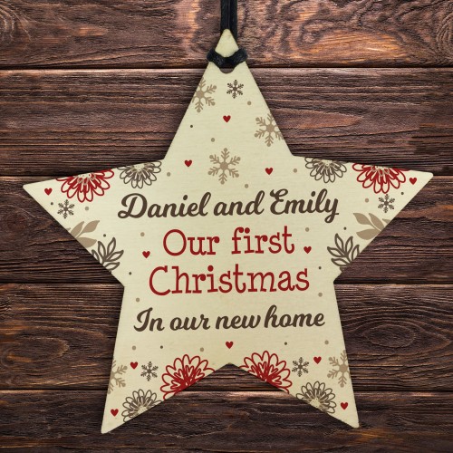 Personalised First 1st Christmas New Home Wood Star Tree Bauble