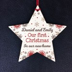 Personalised First 1st Christmas New Home Wood Star Tree Bauble