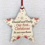 Personalised First 1st Christmas New Home Wood Star Tree Bauble