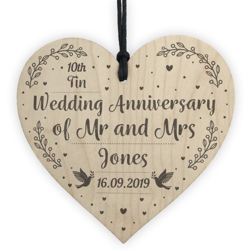 10th Tin Wedding Anniversary Gift Personalised Heart Mr & Mrs