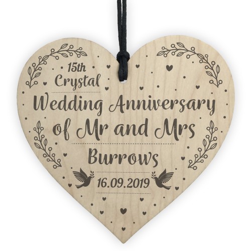 15th Crystal Wedding Anniversary Gift Personalised Heart Mr& Mrs