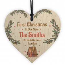 First Christmas New Home Personalised Tree Decoration Wood Heart