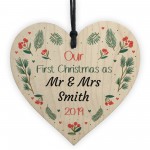 First Christmas Mr and Mrs Bauble Wood Heart Husband Wife Xmas