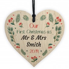 First Christmas Mr and Mrs Bauble Wood Heart Husband Wife Xmas