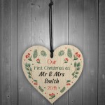First Christmas Mr and Mrs Bauble Wood Heart Husband Wife Xmas
