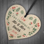 First Christmas Mr and Mrs Bauble Wood Heart Husband Wife Xmas