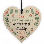 First Christmas Mummy And Daddy Bauble Wood Heart New Baby