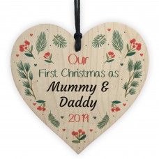 First Christmas Mummy And Daddy Bauble Wood Heart New Baby
