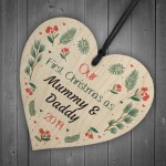 First Christmas Mummy And Daddy Bauble Wood Heart New Baby
