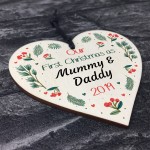 First Christmas Mummy And Daddy Bauble Wood Heart New Baby