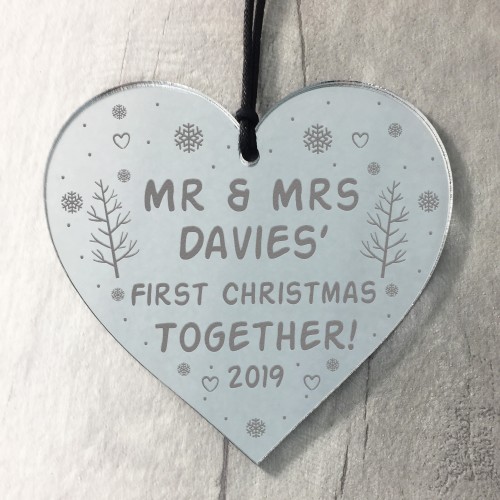 1st Christmas Bauble Gift Personalised Mr And Mrs Acrylic Heart