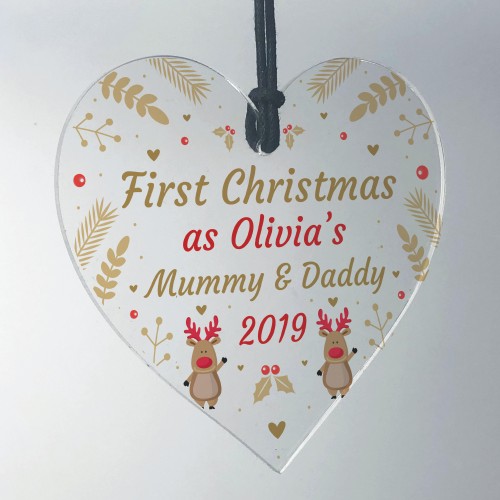 1st Christmas Decoration Personalised Mummy And Daddy Heart Xmas