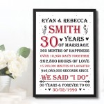 Couple 30th Wedding Anniversary Gift Personalised Framed Print