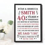 Couple 40th Wedding Anniversary Gift Personalised Framed Print