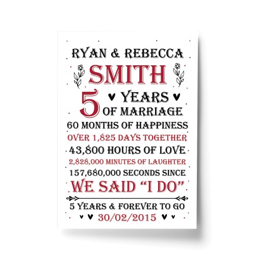 Couple 5th Wedding Anniversary Gift Personalised Print