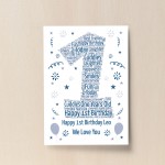 Personalised 1st Birthday Gift Word Art Print Keepsake Baby Boy 