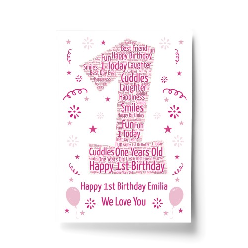 Personalised 1st Birthday Gift Word Art Print Keepsake Baby Girl