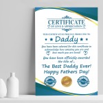Fathers Day Gift For Daddy CERTIFICATE Best Daddy Thank You