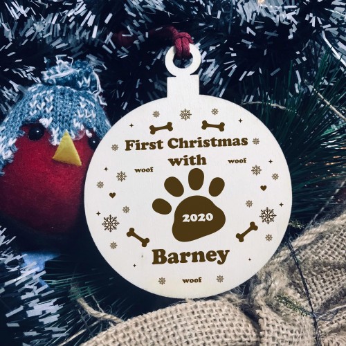 First Christmas Pet Wood Bauble PERSONALISED Dog Cat Pet Gift