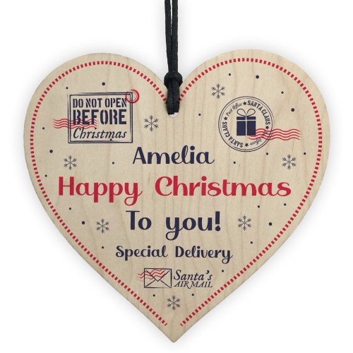Personalised Christmas Eve Gift Box Tag Wood Heart Daughter Son