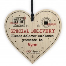 SPECIAL DELIVER Christmas Gift Tag PERSONALISED Wood Heart