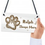 Personalised Dog Sign Sleeps Here Hanging Paw Print Plaque