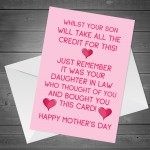Funny Humour Mothers Day Card For Mother in Law From Daughter