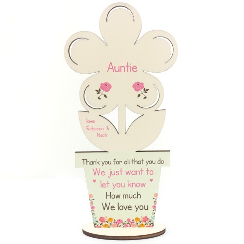 Personalised Thank You Birthday Gift for Auntie Wooden Flower