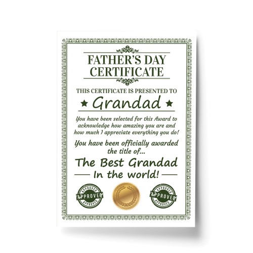 Grandad Certificate For Fathers Day Gift For Grandad Grandparent