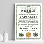 Grandad Certificate For Fathers Day Gift For Grandad Grandparent