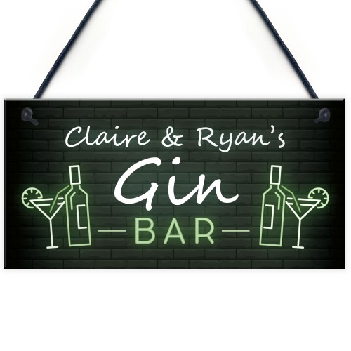 Personalised Gin Bar Neon Effect Hanging Home Bar Decor Plaques