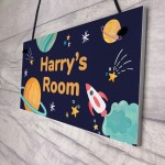 Personalised Bedroom Sign For Son Space Theme Wall Plaque
