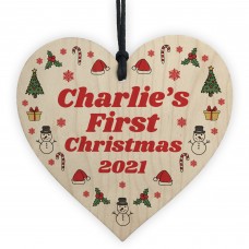 Personalised Baby's First 1st Christmas Bauble Wood Heart Decor