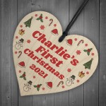 Personalised Baby's First 1st Christmas Bauble Wood Heart Decor