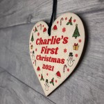 Personalised Baby's First 1st Christmas Bauble Wood Heart Decor