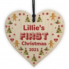 Cute Personalised Baby's First 1st Christmas Bauble Wood Heart